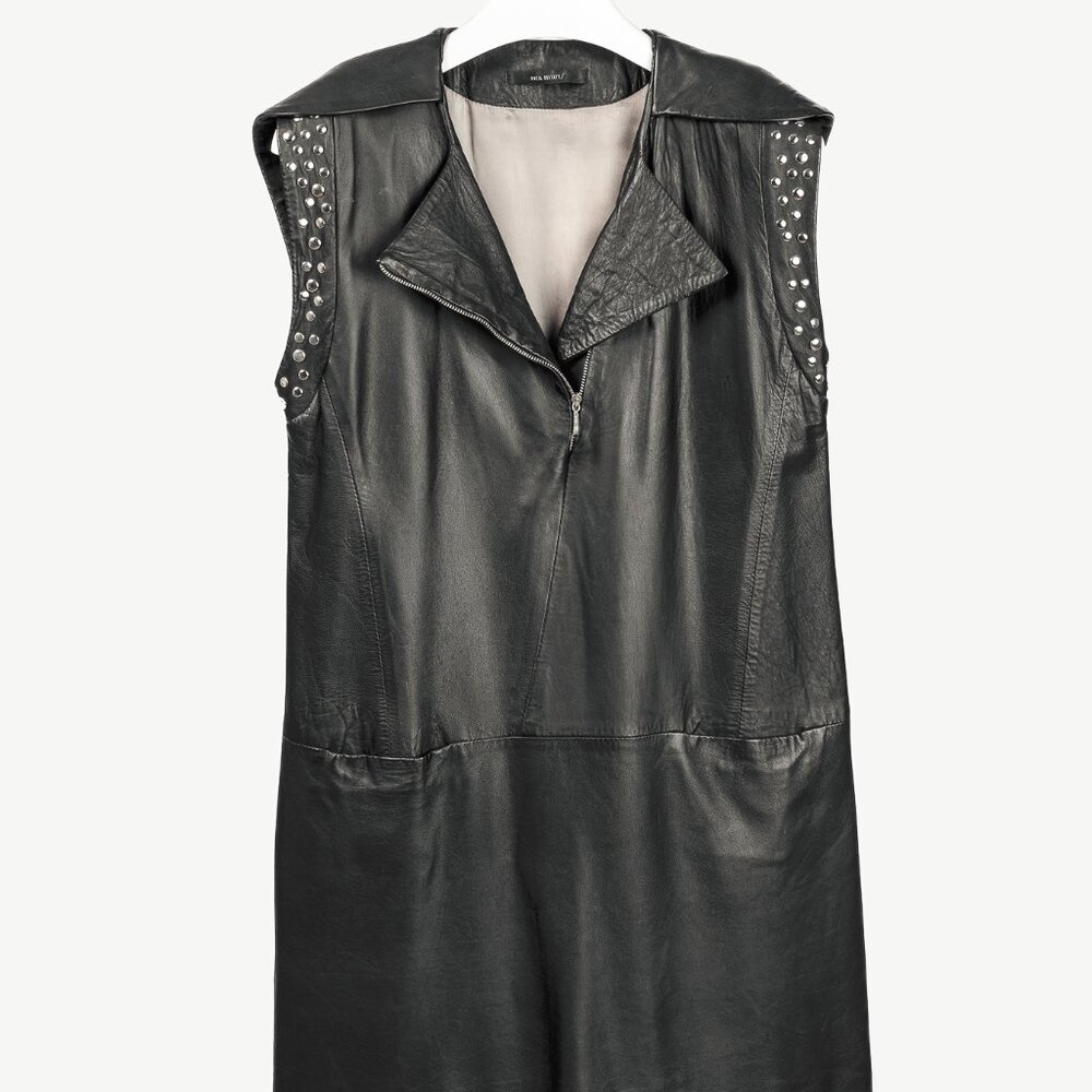 Sita Murt Black Leather Studded Sleeveless Mini Dress